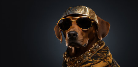 dachshund dog in sunglasses and scarf on a dark background. Gangster dog. Funny. Trendy dog. Puppy.の素材