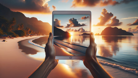 Tablet pc in hands on the beach at sunset. 3d renderingの素材
