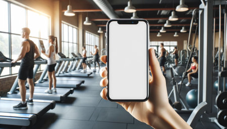 Fitness, sport, training, gym and lifestyle concept - close up of female hand holding smartphone with white blank screen in gymの素材