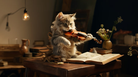 Cute kitten playing the violin and reading a book at home.の素材