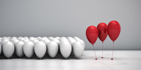 Red and white balloons in a row. 3d render illustration.の素材
