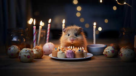 Cute hamster with birthday cake and candles on wooden background.の素材