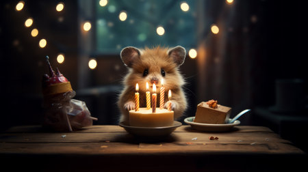 Cute little hamster with birthday cake and candles on dark backgroundの素材