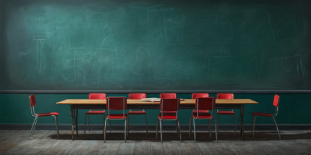 Classroom with green chalkboard and red chairs, 3d renderの素材