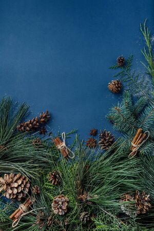 Christmas background. Spruce and pine branches on a blue background. Christmas toy. Christmas. The view from the top. Christmas decorations. Space for text. New year. Eco decor.の写真素材