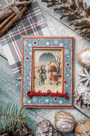 Russia. Krasnodar region. Krasnodar city. October 7, 2019. Photo studio on Proletarskaya street, 37. New Year's cards.の写真素材