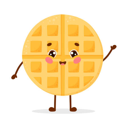 Cute cartoon character waffle standing happy and waving. Vector illustration isolated on white background.のイラスト素材