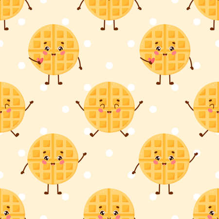 Seamless pattern of cute dessert character. Cartoon waffle with different emotions. Flat vector illustration.のイラスト素材