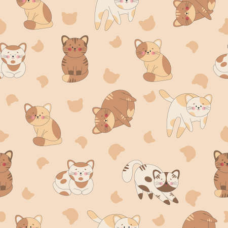 Seamless pattern of cute cats in  style with outline. Cartoon kitten in different poses. Flat vector in brown color palette.のイラスト素材