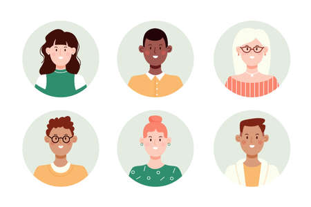 Set of circle face avatar. Collection of multiracial male and female portraits for profile icons. Flat vector illustration.のイラスト素材