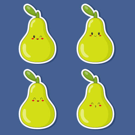 Set of stickers of cute kawaii green pear. Emoji with different emotions. Flat vector illustrations.のイラスト素材