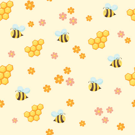 Seamless pattern with bees, honeycomb, and flowers on yellow background. Cute cartoon illustration in flat vector style.のイラスト素材
