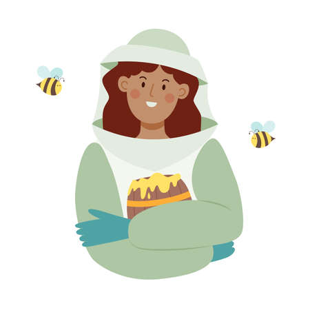 Beekeeper female character in a bee protection suit with a barrel of honey. Flat vector illustration isolated on white background.のイラスト素材