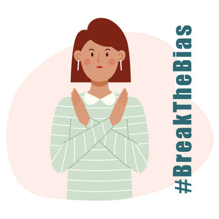 Woman with crossed arms. Break The Bias for International Women's Day. March 8. Vector illustration in flat style.のイラスト素材