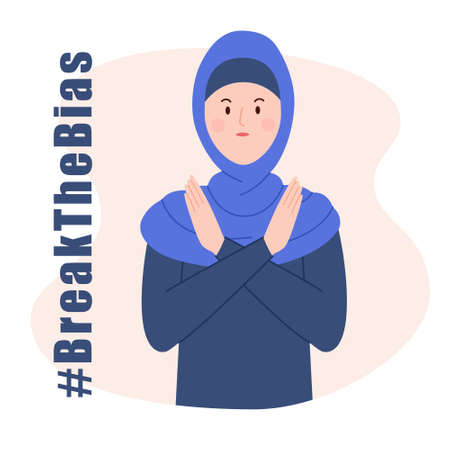 Muslim Woman with crossed arms. Break The Bias for International Women's Day. March 8. Vector illustration in flat style.のイラスト素材