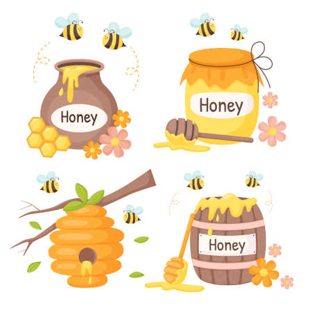 Set of honey concept elements. Collection of isolated illustrations for honey label, products, package design. flat vector style.のイラスト素材