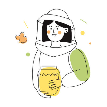 Beekeeper female character in a bee protection suit with a jar of honey. Outline illustration with colorful accents.のイラスト素材