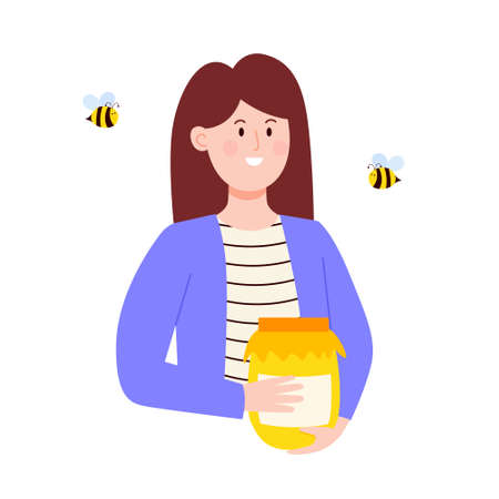 Female character with a jar of honey. Flat vector illustration isolated on white background.のイラスト素材