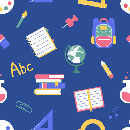 Vector seamless pattern of school supplies on dark background. Back to school colorful flat elements.のイラスト素材