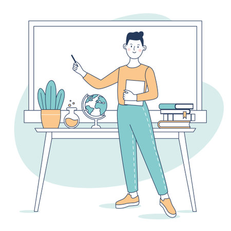 Male teacher by the blackboard in a classroom. A smiling man professor is teaching. line art. vector illustration.のイラスト素材