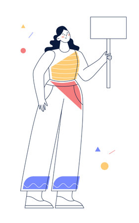 Woman holding blank placard or paper. Female character shows empty banner. Outline, line art vector.のイラスト素材