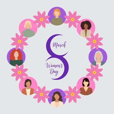 International women's day celebration with diverse group of women in a pink flower wreath on light...