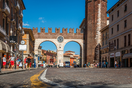 City gate of Verona with clock, Veneto, Italyのeditorial素材