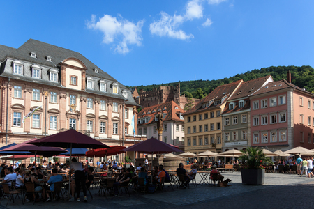 Town Hall at the market square in Heidelberg with the castle in the background, Baden-Wurttemberg, Germanyのeditorial素材