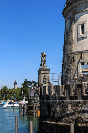 The Bavarian lion in the harbor Lindau, Bavaria, Germanyの写真素材