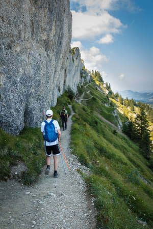 Hike to the mountain summit on the Steineberg on the Nagelfluhkette chain in the AllgÃ¤u Alpsの写真素材