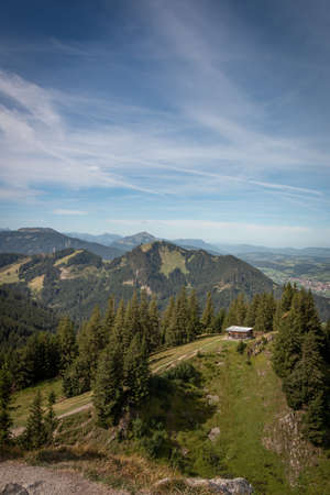Panoramic view from the Alpspitz in Nesselwang to the mountains in the AllgÃ¤u Alpsの写真素材