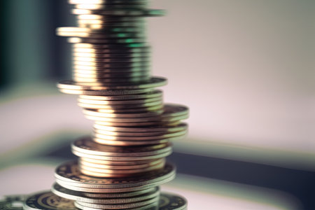 Coins stacked on top of each other against a blurred background, money concept, AI Generatedの素材