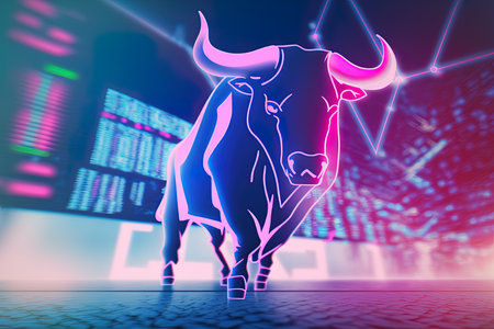 Bull and share price in the sign of a bull market on the stock exchangeの素材