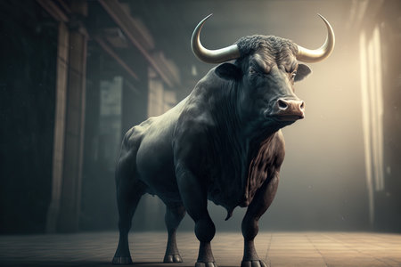 Bull stands in a hall under the sign of growth on the stock exchange, AI Generatedの素材