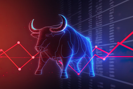 Bull and share price in the sign of a bull market on the stock exchangeの素材