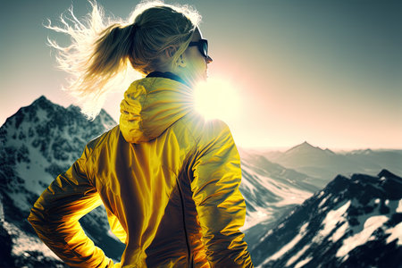 A woman has reached the top of the mountain as a symbol of activity, AI Generatedの素材