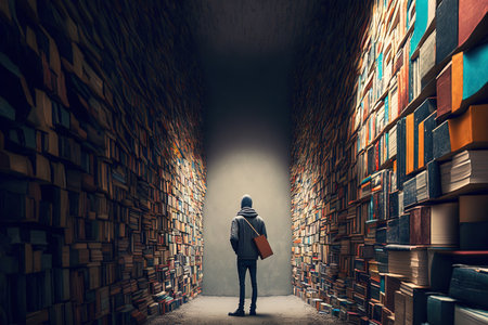 A man stands in a library or library with many books on the shelves, AI Generatedの素材