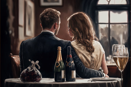 Young rich couple eating in a posh restaurant, AI Generatedの素材