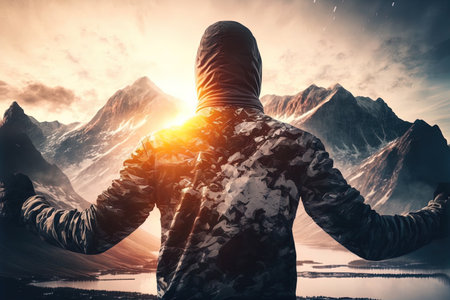 A man has reached the mountain top as a symbol of goals and success, AI Generatedの素材