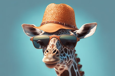 Portrait of a giraffe wearing a hat, sunglasses and sunglassesの素材