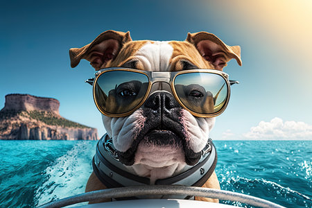 Portrait of a dog with sunglasses on the board of a boat.の素材
