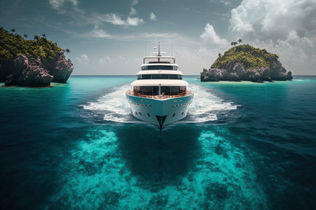 Luxury yacht in the blue sea. 3d rendering.の素材