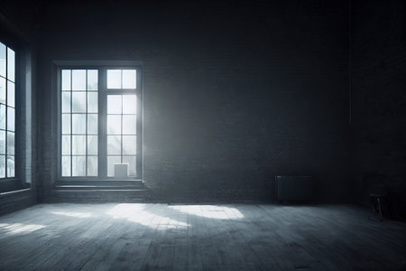 Interior of empty room with window and brick wall. Mixed mediaの素材