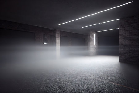 Empty warehouse illuminated with fog, 3D background, digital illustration, AI Generatedの素材