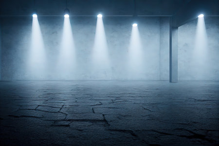 Empty garage illuminated, 3D background bluish digital illustration, AI Generatedの素材