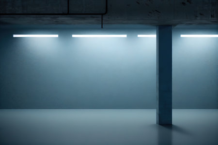 Empty garage illuminated, 3D background bluish digital illustration, AI Generatedの素材