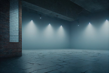 Empty garage illuminated, 3D background bluish digital illustration, AI Generatedの素材