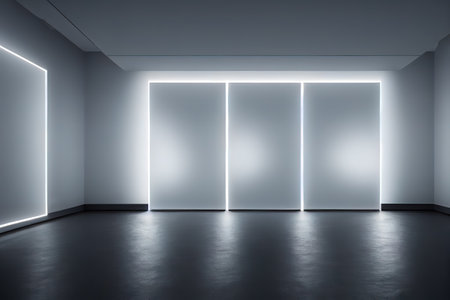 White illuminated room with exhibition wall, 3D background illustration, AI Generatedの素材