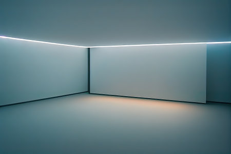White illuminated room with exhibition wall, 3D background illustration, AI Generatedの素材