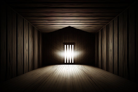 Dark empty room in brown wood with light spot, wood room, AI Generatedの素材